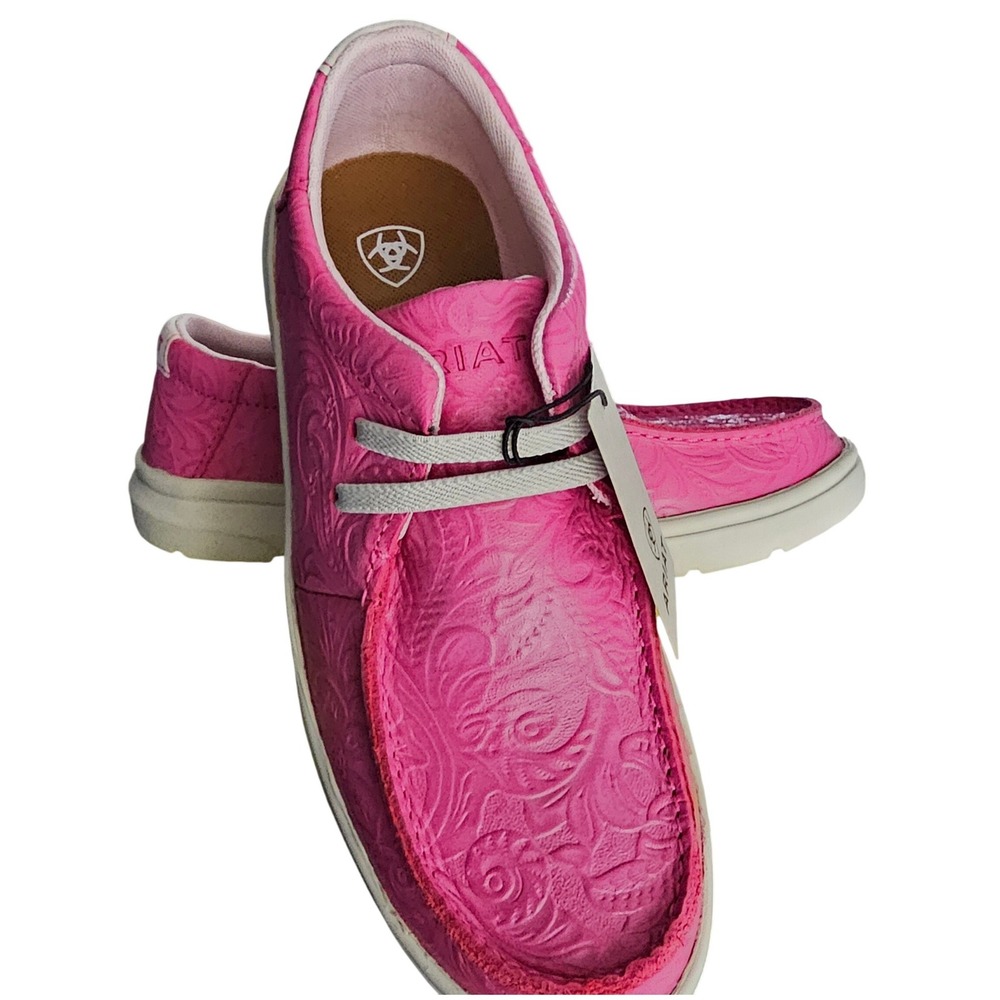 Ariat Hilo Kids Pink Embossed Leather Floral Loafers NEW US 4M